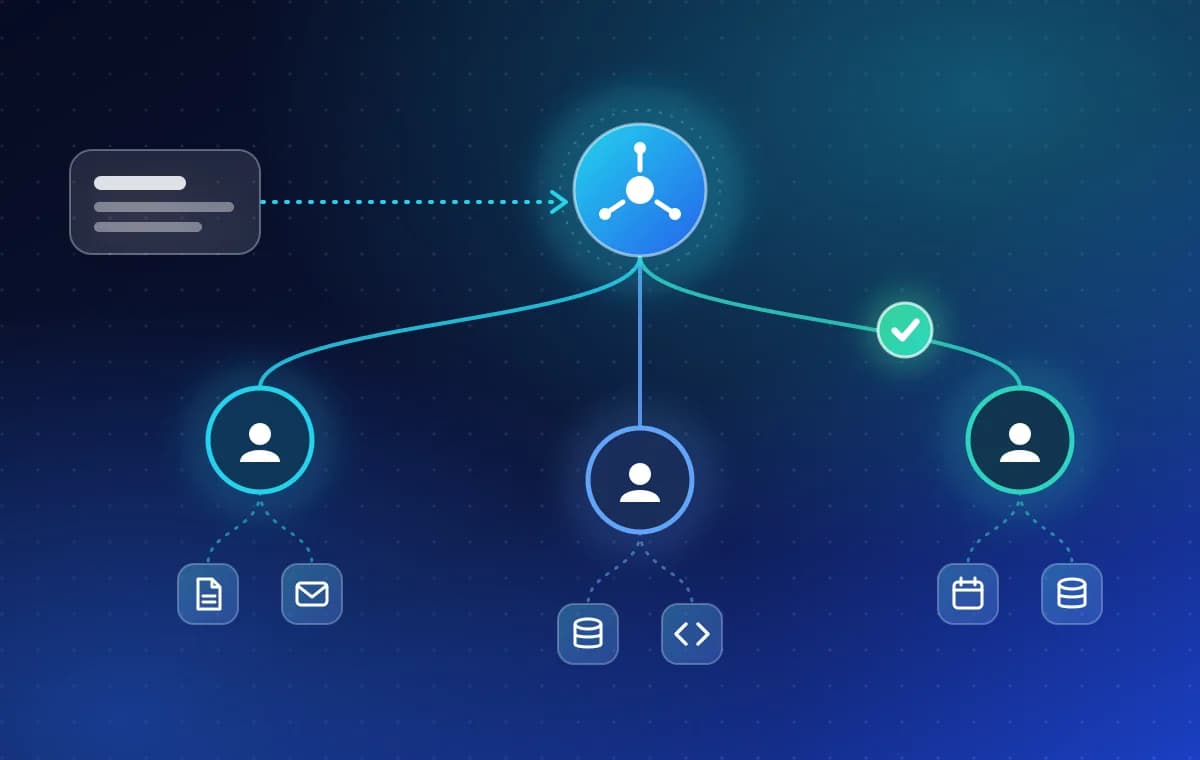 Diagram of a supervisor agent at the top connected to three specialist agents, each linked to tools such as a database, an API and a document, with an approval check on one connection.