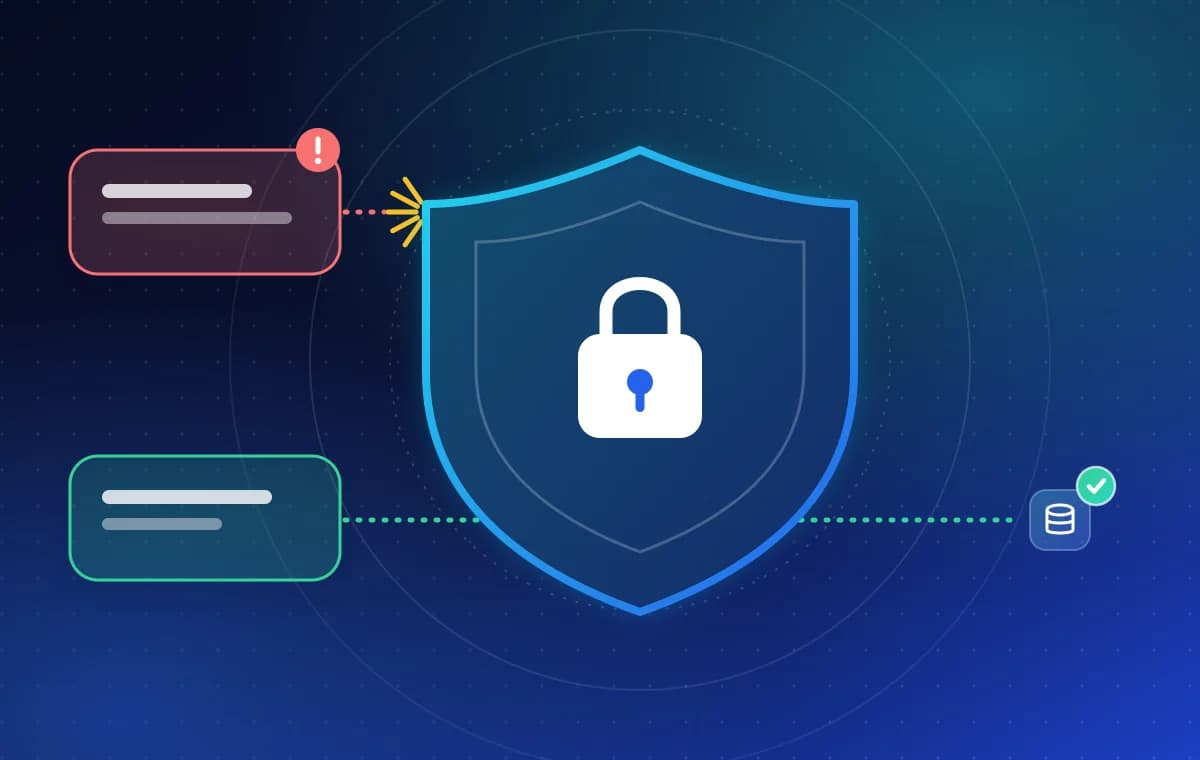 A shield in the centre of layered defence rings. A hostile message on the left is stopped at the shield, while a normal message on the right passes through.